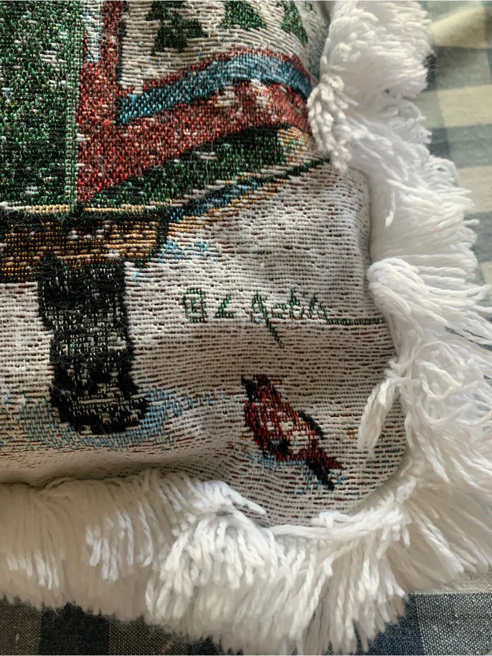 Holiday Fringe Tapestry Throw Pillow Pair Blue/Green Christmas Tree & Stockings